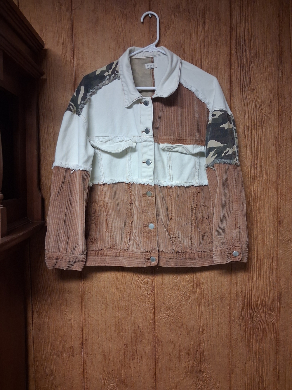 POL Patchwork Corduroy and Canvas Jean Jacket in Cream and Brown